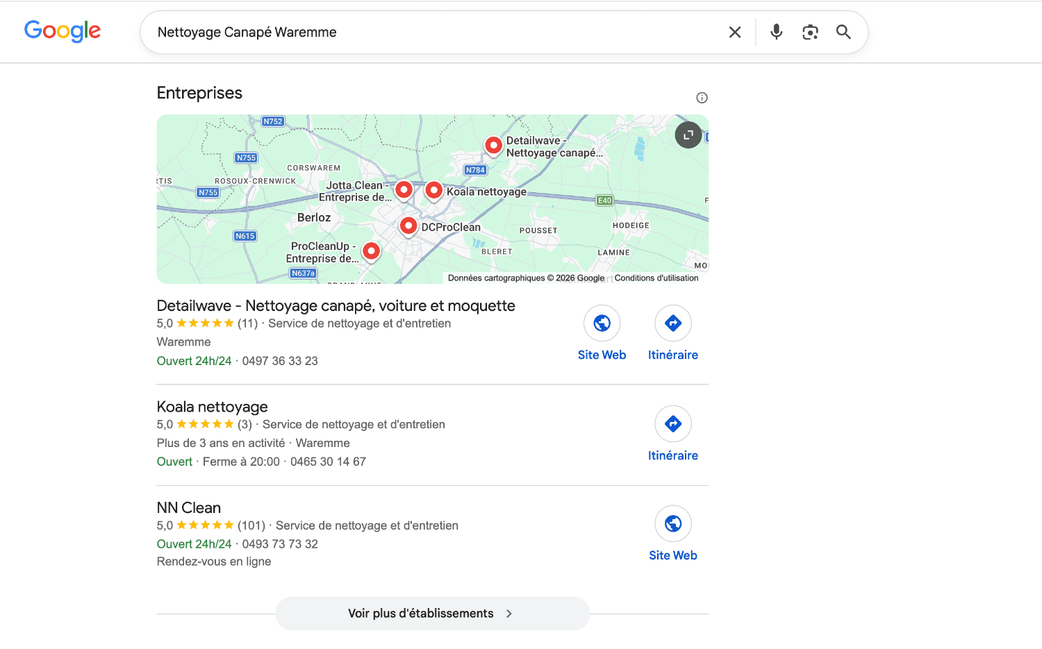 Google · « nettoyage canapé waremme » · août 2026