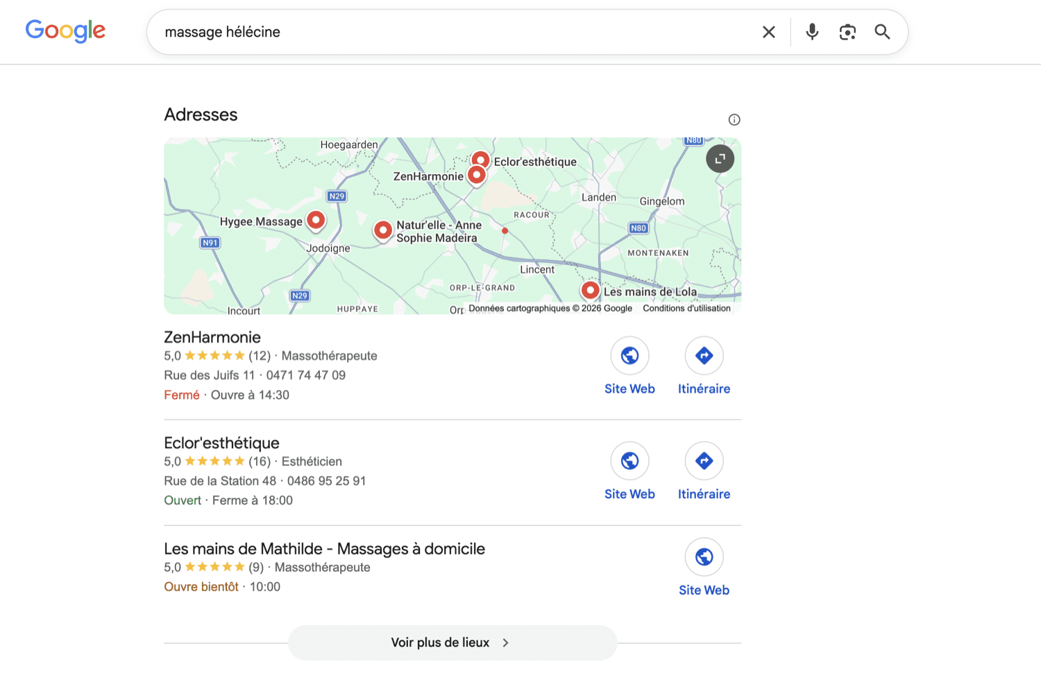 Google · « massage hélécine » · août 2026